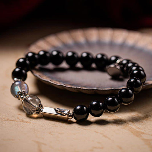 Spirituality Buddha Karma 925 Sterling Silver Obsidian Moonstone Strength Couple Bracelet