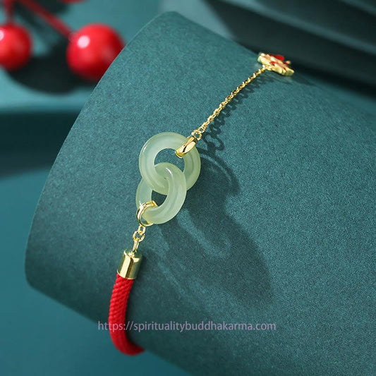 Ancient Tibetan Buddhist Red String Tradition 925 Sterling Silver Hetian Jade Double Peace Buckle Lotus Luck Bracelet
