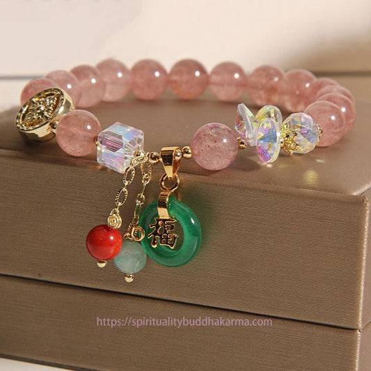 Jade Strawberry Quartz Jade Fu Character Charm Healing Bracelet