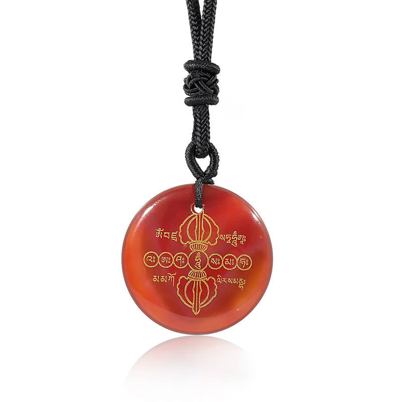 Spirituality Buddha Karma Vajra Dorje Sanskrit Pattern Natural Various Crystal Black Obsidian Fulfilment Necklace Pendant
