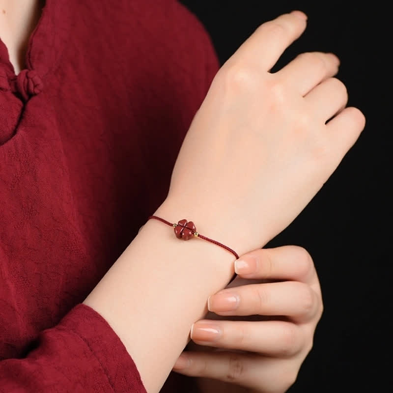 Spirituality Buddha Karma Natural Cinnabar Four Leaf Clover Blessing Red String Bracelet Anklet