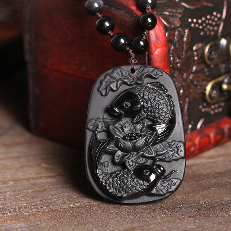 Spirituality Buddha Karma Natural Black Obsidian Koi Fish Lotus Strength Beaded Necklace Pendant