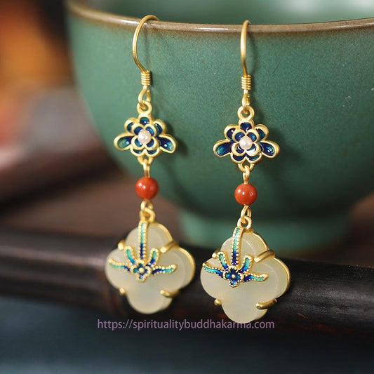 Jade Lucky Four Leaf Clover Jade Abundance Copper Earrings