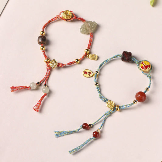 Ancient Tibetan Buddhist Red String Tradition Handmade Auspicious Clouds Hetian Jade Fu Character Luck Fortune Rope Bracelet