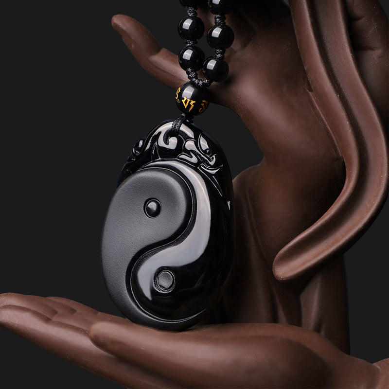Spirituality Buddha Karma Natural Black Obsidian Yin Yang Fulfilment Strength Necklace Pendant