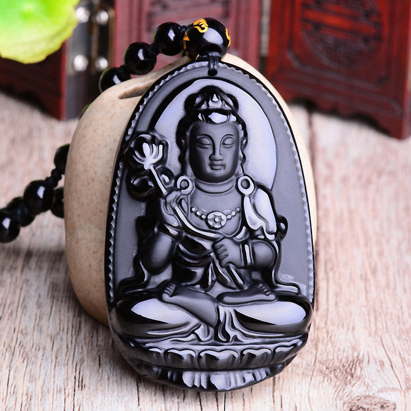 Spirituality Buddha Karma Chinese Zodiac Obsidian Buddha Amulet Protection Pendant Necklace