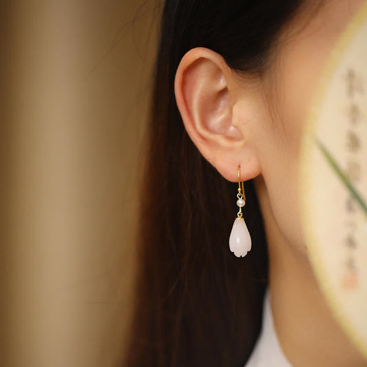 Jade 925 Sterling Silver White Jade Magnolia Flower Happiness Drop Earrings