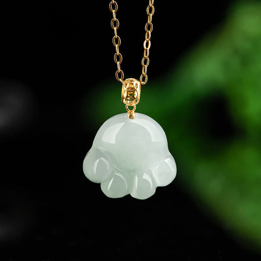 Jade 925 Sterling Silver 18K Gold Plated Natural Jade Cat Paw Pattern Luck Necklace Pendant