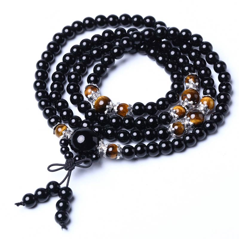 Spirituality Buddha Karma 108 Beads Natural Black Obsidian Tiger Eye Mala Bracelet