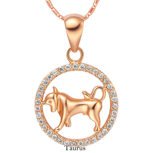 12 Constellations of the Zodiac Rhinestone Luck Necklace Chain Pendant