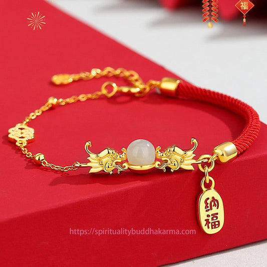 Ancient Tibetan Buddhist Red String Tradition Year of the Dragon 925 Sterling Silver Hetian Jade Attract Fortune Fu Character Luck Bracelet