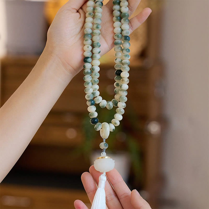 Spirituality Buddha Karma Natural 108 Mala Beads Bodhi Seed Lotus Engraved Wisdom Tassel Bracelet