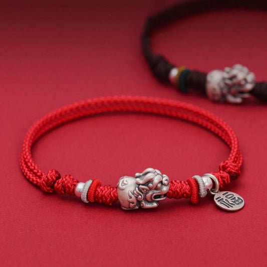 Ancient Tibetan Buddhist Red String Tradition 925 Sterling Silver PiXiu Fu Character Wealth Luck Handmade Braided Bracelet
