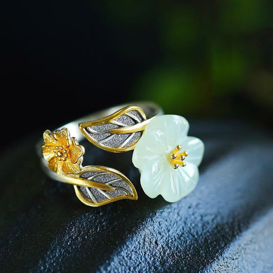 Jade 925 Silver Plated Copper White Jade Plum Flower Leaf Luck Ring