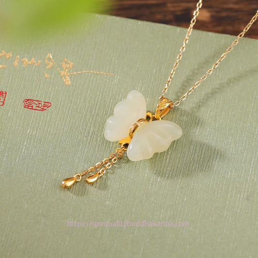 Jade 925 Sterling Silver Plated Gold Hetian White Jade Butterfly Blessing Necklace Pendant
