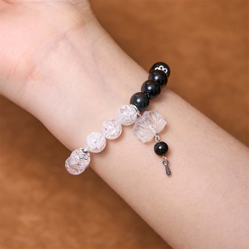 Spirituality Buddha Karma Silver Sheen Obsidian Crackle Clear Quartz Black Rutilated Quartz Yin Yang Lotus Protection Bracelet