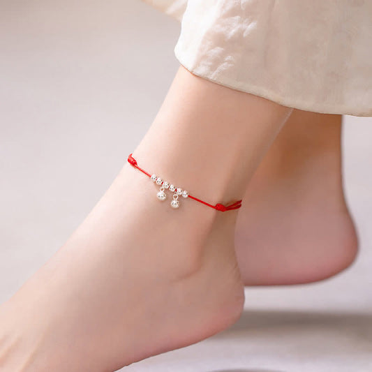 Ancient Tibetan Buddhist Red String Tradition 925 Sterling Silver Red String Braid Bell Charm Anklet