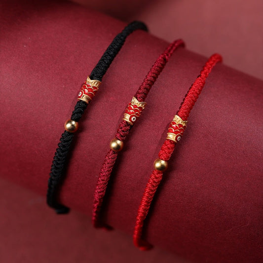 Ancient Tibetan Buddhist Red String Tradition 925 Sterling Silver Handmade Koi Fish Wealth Success Braided Rope Bracelet