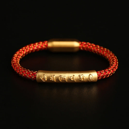 Ancient Tibetan Buddhist Red String Tradition Handmade 999 Sterling Silver Om Mani Padme Hum Protection Dragon Scale Braided Magnetic Buckle Bracelet