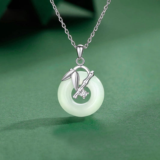 Jade 925 Sterling Silver Hetian Jade Bamboo Leaf Peace Buckle Prosperity Necklace Pendant