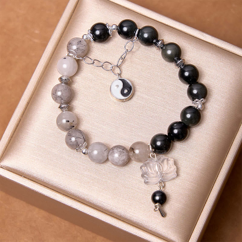 Spirituality Buddha Karma Silver Sheen Obsidian Crackle Clear Quartz Black Rutilated Quartz Yin Yang Lotus Protection Bracelet