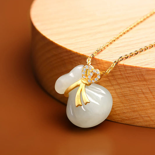 Jade Natural Hetian White Jade Luck Money Bag Necklace Pendant