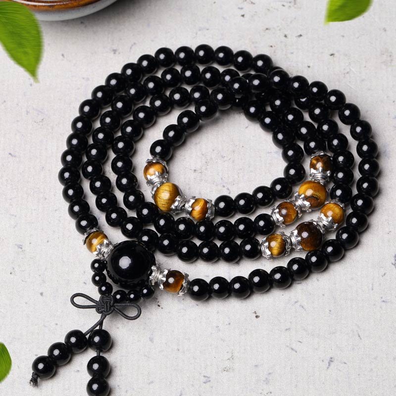 Spirituality Buddha Karma 108 Beads Natural Black Obsidian Tiger Eye Mala Bracelet