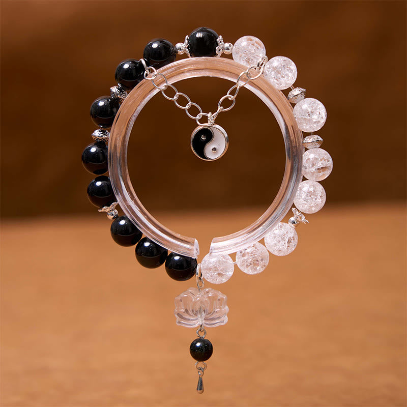 Spirituality Buddha Karma Silver Sheen Obsidian Crackle Clear Quartz Black Rutilated Quartz Yin Yang Lotus Protection Bracelet