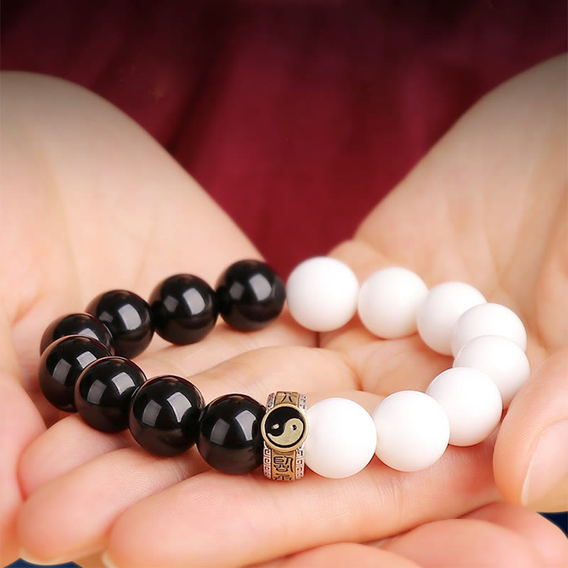 Spirituality Buddha Karma 925 Sterling Silver Black Obsidian White Shell Yin Yang Strength Bracelet
