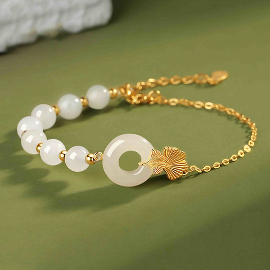 Jade 925 Sterling Silver Hetian White Jade Peace Buckle Ginkgo Leaf Luck Bracelet
