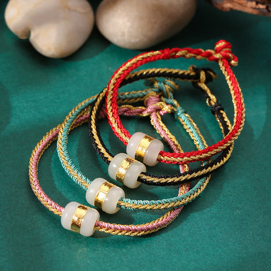 Jade 999 Gold Hetian White Jade Om Mani Padme Hum Fu Character Luck Braided Bracelet