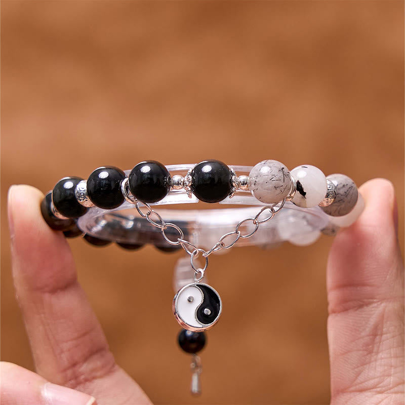 Spirituality Buddha Karma Silver Sheen Obsidian Crackle Clear Quartz Black Rutilated Quartz Yin Yang Lotus Protection Bracelet