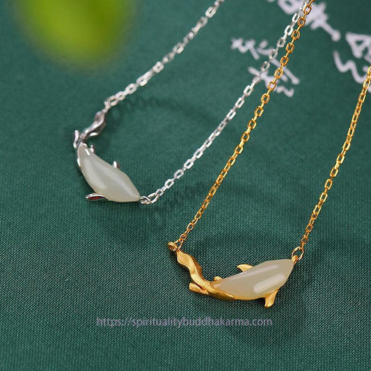 Jade 925 Sterling Silver White Jade Dolphin Luck Necklace Pendant