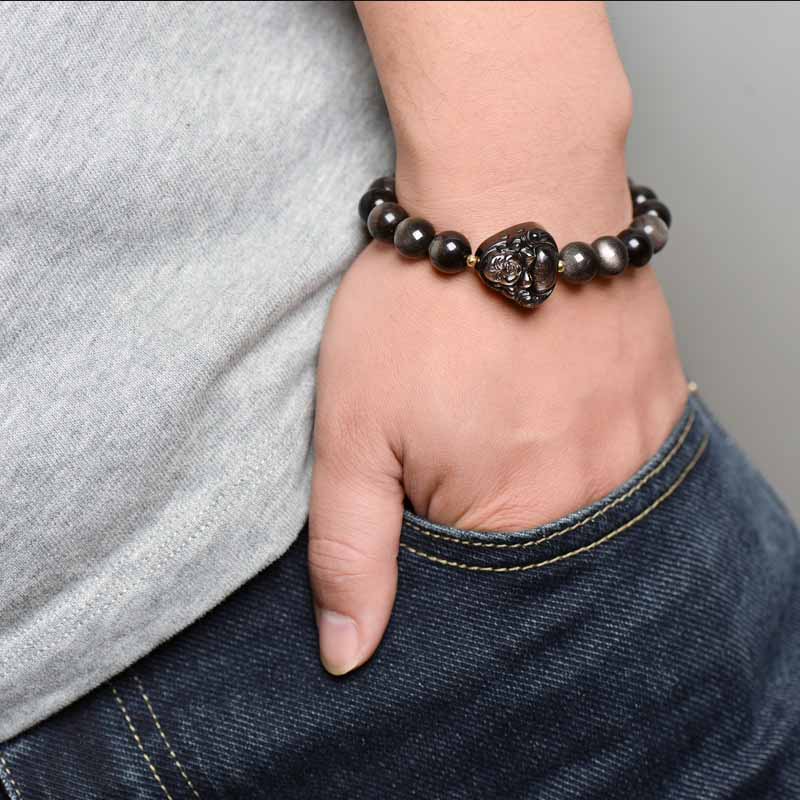 Spirituality Buddha Karma Silver Sheen Obsidian Lotus Flower Nine Tailed Fox Laughing Buddha Protection Bracelet