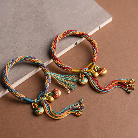 Ancient Tibetan Buddhist Red String Tradition Gold Swallowing Beast Family Luck Reincarnation Knot Braid Colorful String Bracelet