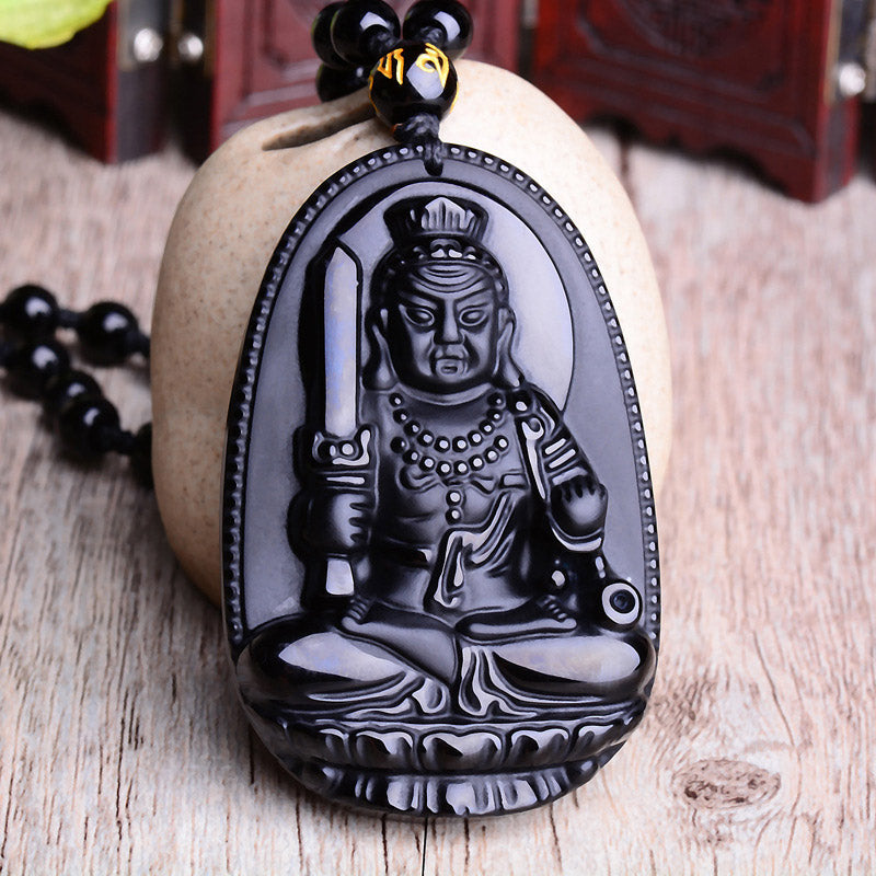 Spirituality Buddha Karma Chinese Zodiac Obsidian Buddha Amulet Protection Pendant Necklace