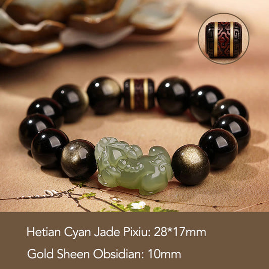 Spirituality Buddha Karma Natural Gold Sheen Obsidian Hetian Cyan Jade White Jade PiXiu Wealth Bracelet