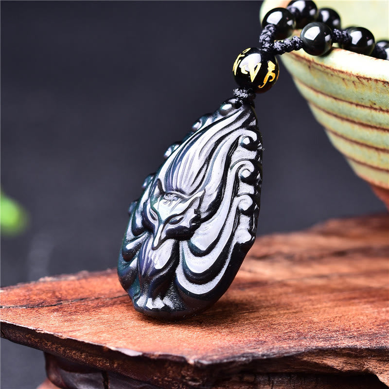 Spirituality Buddha Karma Natural Rainbow Obsidian Nine Tailed Fox Inner Peace Necklace Beaded String Pendant