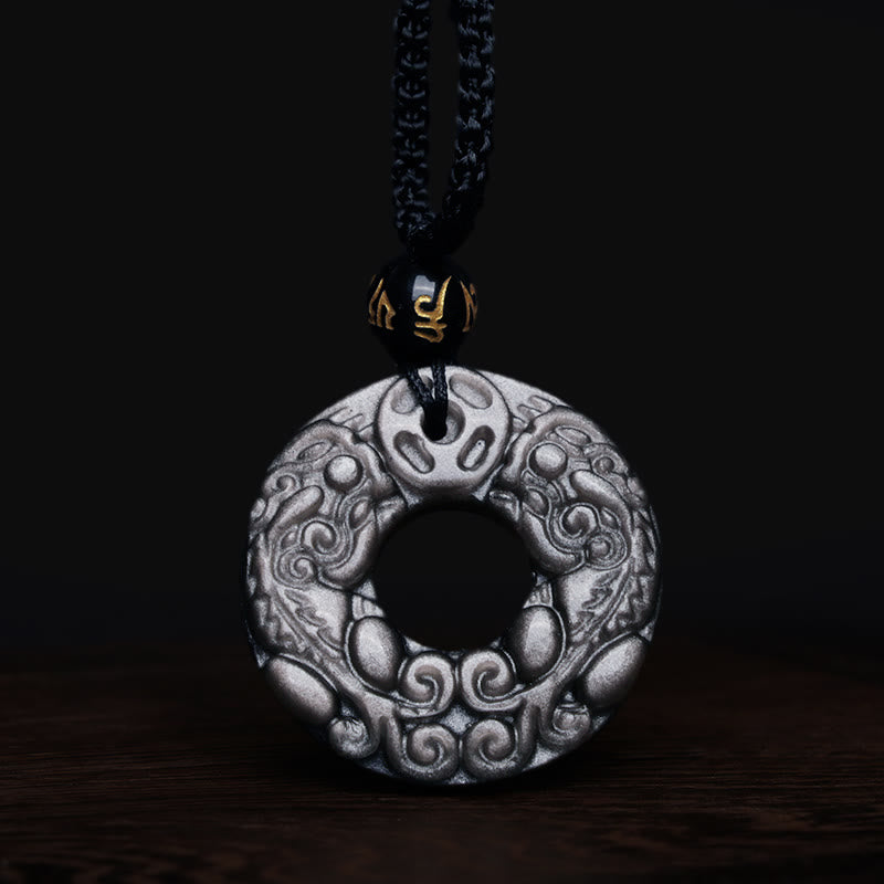 Spirituality Buddha Karma Natural Silver Sheen Obsidian Double PiXiu Copper Coin Peace Buckle Protection Necklace Pendant