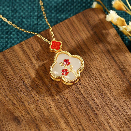Jade 24K Gold Plated White Jade Four Leaf Clover Plum Blossom Luck Necklace Pendant Earrings