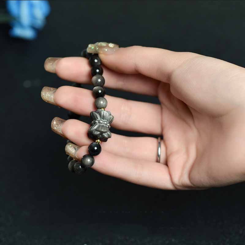 Spirituality Buddha Karma Silver Sheen Obsidian Lotus Flower Nine Tailed Fox Laughing Buddha Protection Bracelet