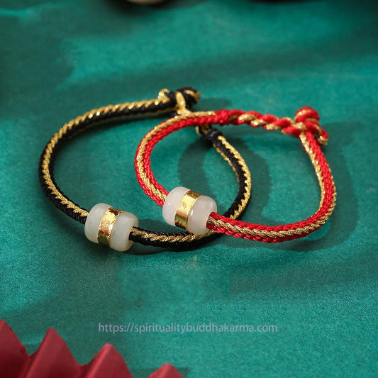 Jade 999 Gold Hetian White Jade Om Mani Padme Hum Fu Character Luck Braided Bracelet