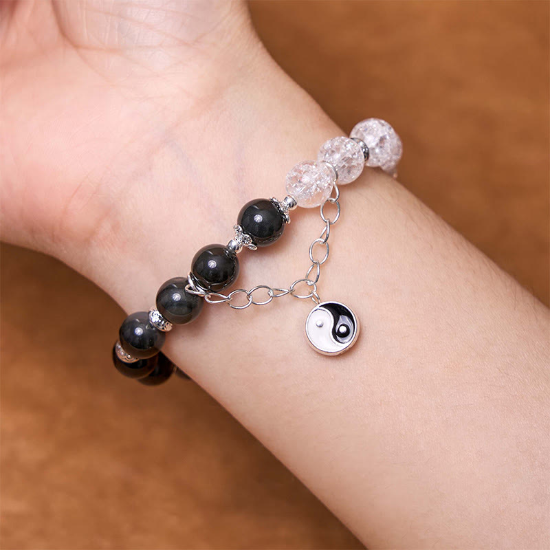 Spirituality Buddha Karma Silver Sheen Obsidian Crackle Clear Quartz Black Rutilated Quartz Yin Yang Lotus Protection Bracelet