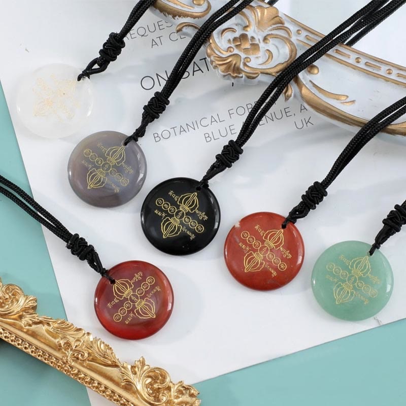 Spirituality Buddha Karma Vajra Dorje Sanskrit Pattern Natural Various Crystal Black Obsidian Fulfilment Necklace Pendant
