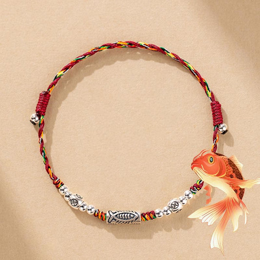 Ancient Tibetan Buddhist Red String Tradition 925 Sterling Silver Luck Koi Fish Braided Colorful String Bracelet Anklet