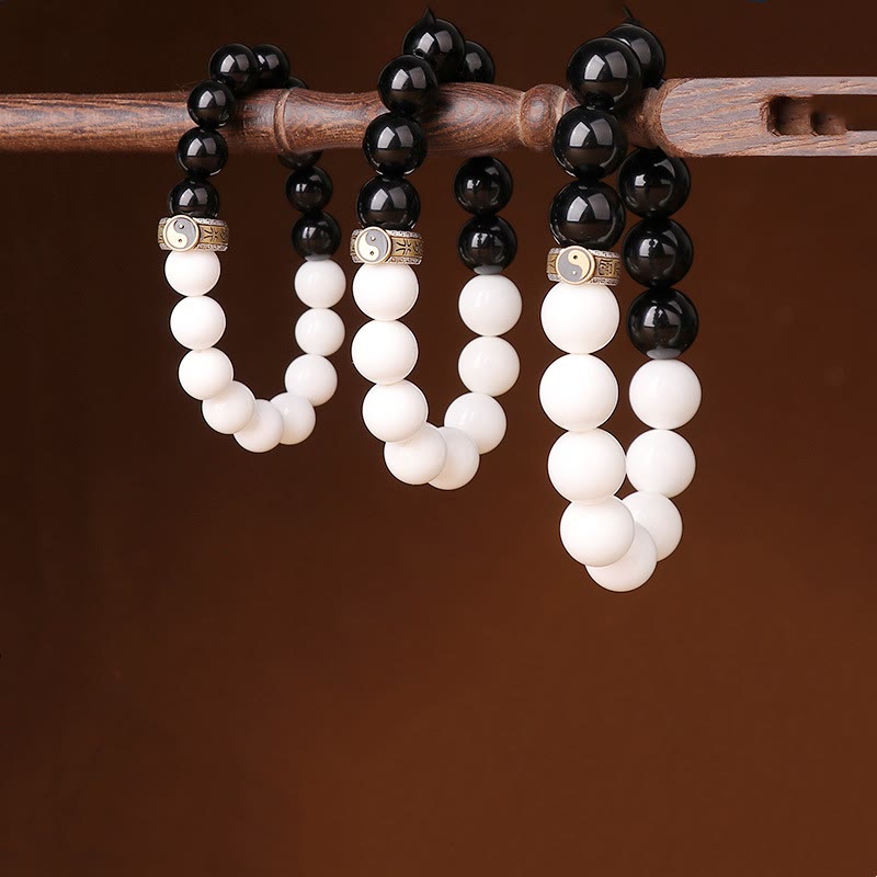 Spirituality Buddha Karma 925 Sterling Silver Black Obsidian White Shell Yin Yang Strength Bracelet
