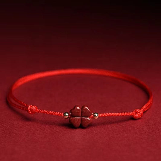 Ancient Tibetan Buddhist Red String Tradition  Natural Cinnabar Four Leaf Clover Blessing Red String Bracelet Anklet