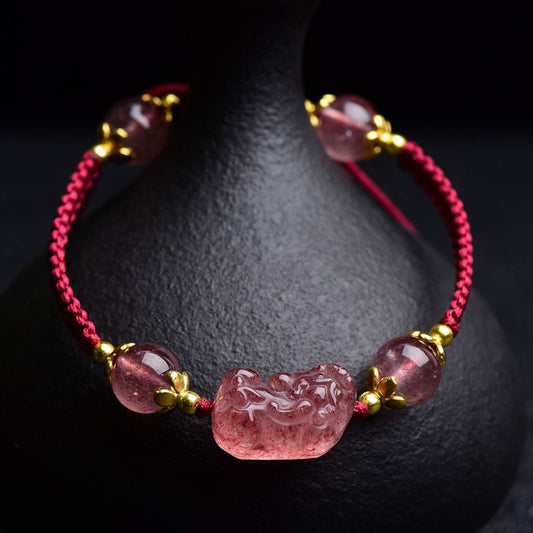 Ancient Tibetan Buddhist Red String Tradition Natural Strawberry Crystal Pixiu Charm Lucky Red String Bracelet