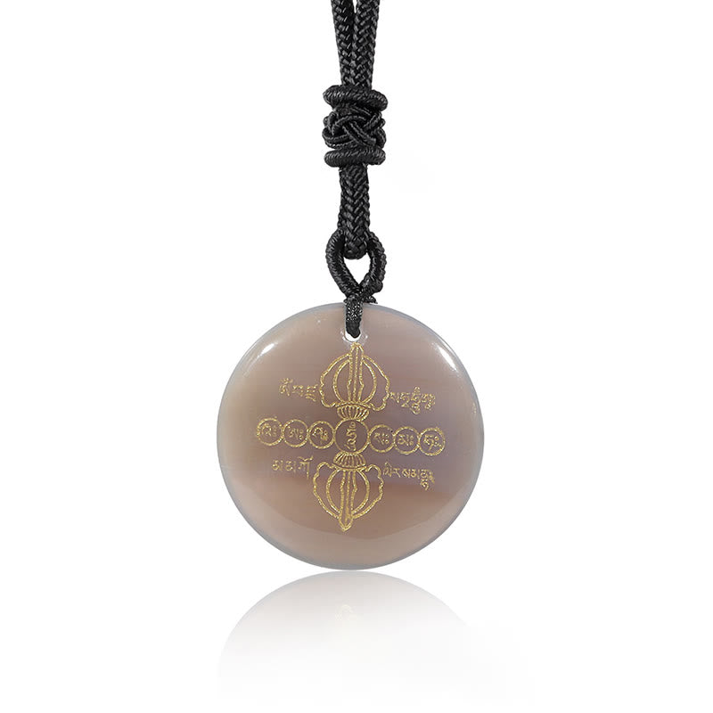 Spirituality Buddha Karma Vajra Dorje Sanskrit Pattern Natural Various Crystal Black Obsidian Fulfilment Necklace Pendant
