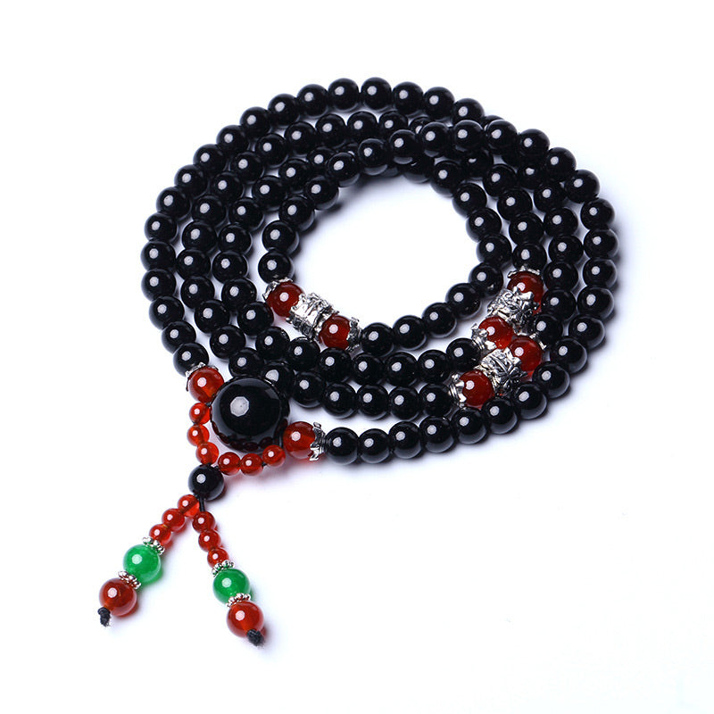 Spirituality Buddha Karma 108 Beads Natural Black Obsidian Tiger Eye Mala Bracelet